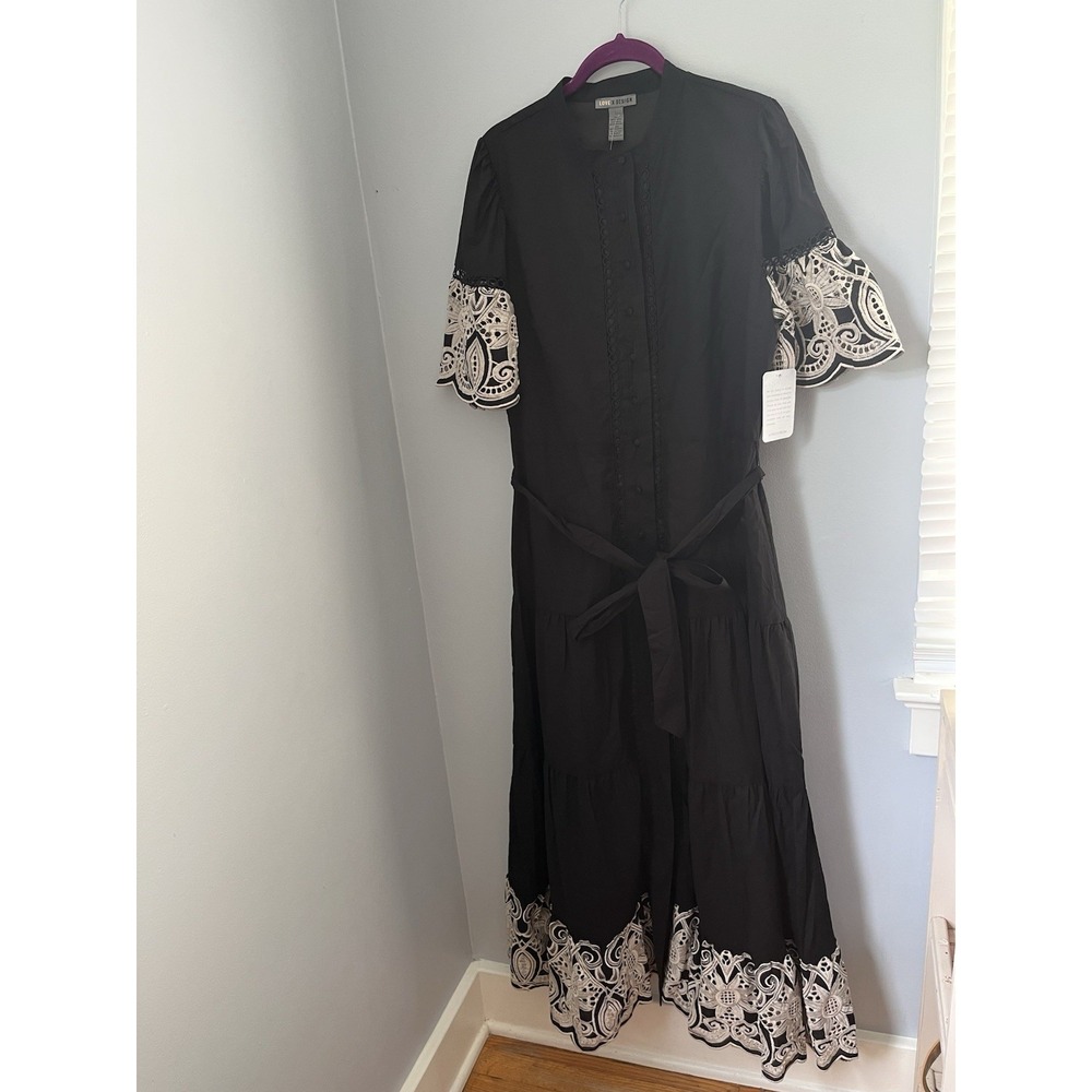 Love X Design Black Maxi Dress Button Front Belted Lined Embroidered Lace L
